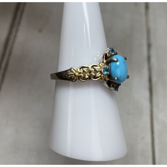Delicate STS Turquoise and Neon Apatite 925 SS Ring Two Toned Sz 7 - Picture 2 of 8